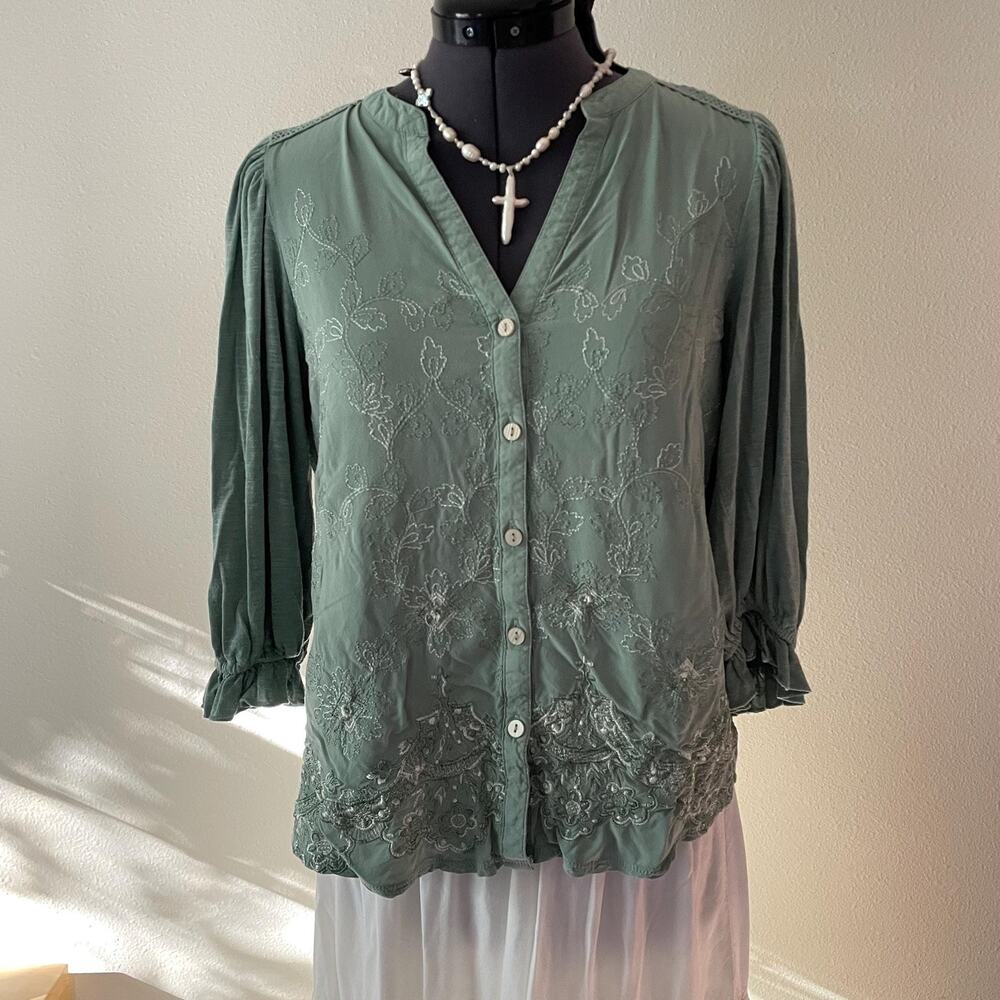 Y2K teal green embroidered puff sleeve blouse cottage fairy boho prairie whimsyS